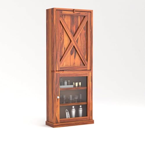 Image of SUNCOM Solid Sheesham Wooden Bar Cabinet for Home - Wooden Wine Rack for Home Bar - Foldable Modern Bar with Shelves & Glass Door Storage (Honey)