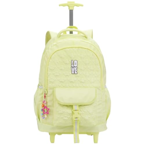 Mochila Escolar com Rodinhas, Puxador Telescópico, Compartimentos Espaçosos, P/Caderno Universitário, Junenil, Design Estiloso, Meninas (Amarelo)
