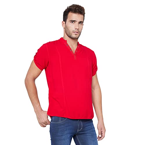 Image of Identiti Solid Half Placket Slim Fit 100% Viscose Casual Shirt /Kurta for Men Red