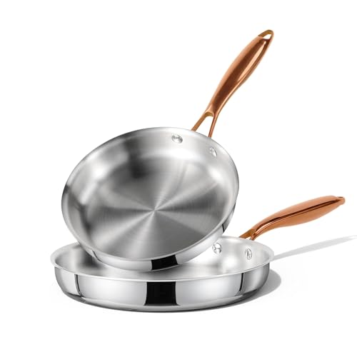CAROTE 8'+10' Stainless Steel Frying Pan Set, Non-Toxic PTFE & PFOA Free Fry Pan & Omelet Pan, Oven Safe, Compatible with Induction, Ceramic, Gas Cooktops, Gold