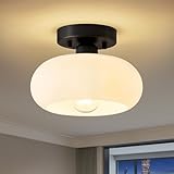 WOKNOS Mid-Century Modern Semi Flush Mount Ceiling Light, Metal Kitchen Light Fixture with Glass Shade,Vintage White and Black Colse to Ceiling Lamp for Entryway Hallway Bathroom (8.66 Inch)