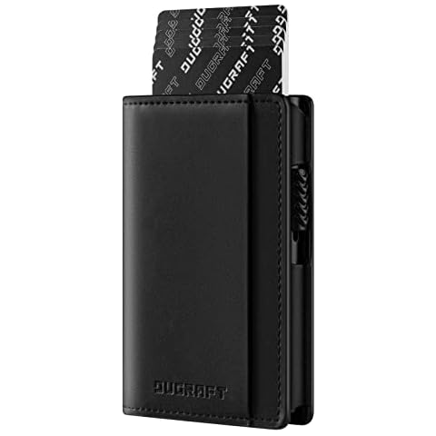 DUGRAFT Pop Up Wallet Slim RFID Blocking Card Holder with ID Window, Mens Minimalist Aluminum Metal Credit Card Case with Leather Slots Cover