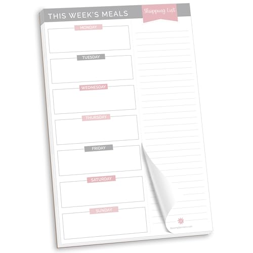 bloom daily planners Weekly Meal Planning Pad - Magnetic Hanging Refrigerator Menu Planner with Tear-Off Sheets & Perforated Grocery Shopping Lists - 6” x 9” (Grey & Pink)