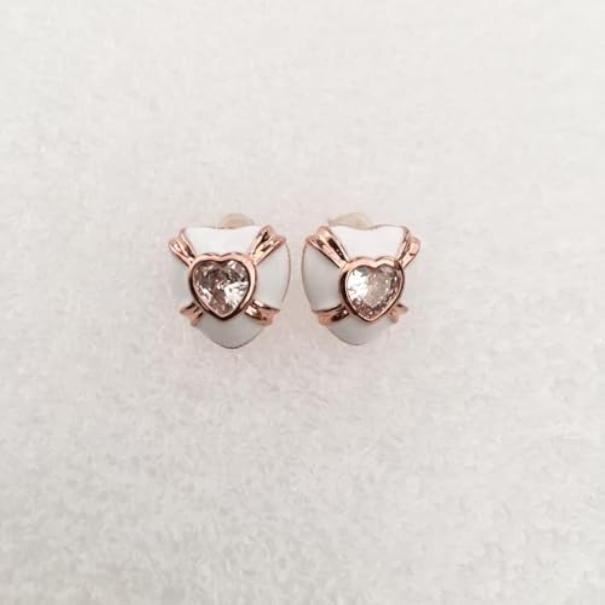 Rose Gold Heart Shape Stud Earrings with White Enamel, Elegant Design
