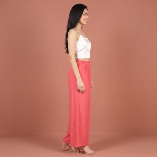 Image of FASHION GALLERY Women's Solid Rayon Palazzo Pants | Relaxed Fit Full Length Wide Leg Palazzo | Elastic Waist Comfortable Casual Lounge Office Ethnic Flared Trousers for Women