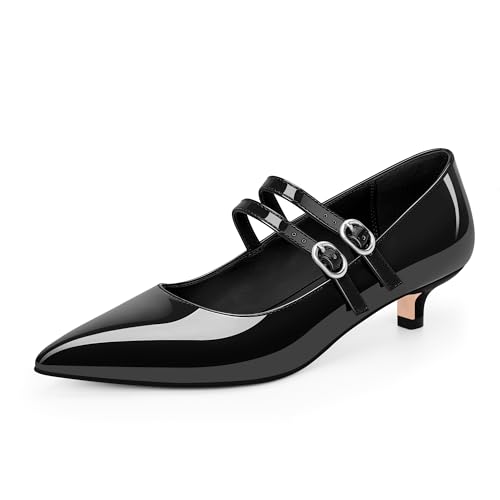 Women's Pointed Toe Kitten Heel Mary Jane Pumps Double Buckle Strap Dress Shoes