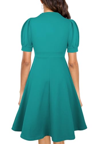 Image of Mokayee Womens Summer Short Puff Sleeve Casual Semi-Formal Fit and Flare Church Wedding Guest Work Dresses with Pockets