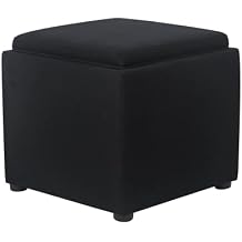 Storage Ottoman with Tray, Linen Square Cube Footrest Stool for Living Room, Entryway, Bedroom DormBlack