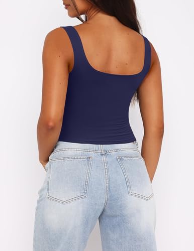 Zeagoo Crop Tank Tops for Women Square Neck Top Slim Fit Sleeveless Double Lined Basic Tops Summer Shirts Navy Blue - image 2