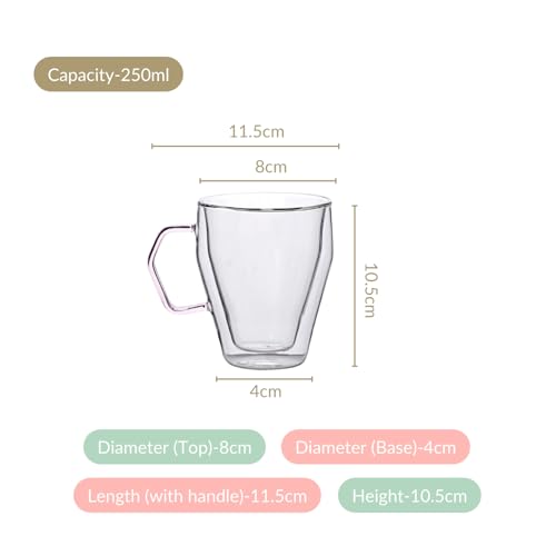 Image of Nestasia Double Wall Borosilicate Glass Mugs Set of 2 (250ml Each) - Microwave & Dishwasher Safe Transparent Glass Tea Cups with Pink Handles | Food Safe & Durable Coffee Mugs - Ideal for Gifting