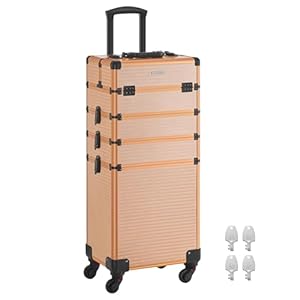 SONGMICS Kosmetikkoffer Trolley, 4-in-1 Schminkkoffer extra groß, Friseurkoffer 34 x 24 x 79,3 cm, abschließbar, Make-up Koffer, Rollen 360° drehbar, Reisen, Geschenkidee, Champagnergold JHZ015A01