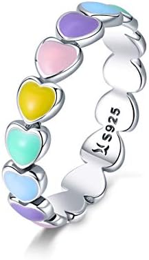 RUKYF 925 Sterling Silver Rainbow Heart Rings for Women Teen Girls Hypoallergenic Dainty Colorful Heart Finger Rings Promise Ring for Her Birthday Valentine's Day Gifts
