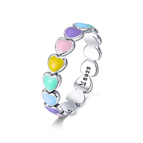 925 Sterling Silver Rainbow Heart Rings for Women Teen Girls Hypoallergenic Dainty Colorful Heart Finger Rings Promise Ring for Her Birthday Valentine's Day Christmas Gifts
