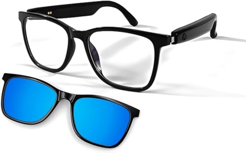 WASHWOW Smart Glasses with Magnetic Lenses,Bluetooth Glasses for Men,UV400 Polarized/Anti-Blue Light Lenses,Open Music,Anti-Blue Light Glasses,With Black and Blue Lens