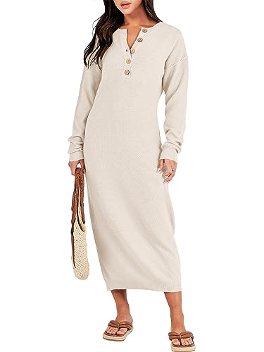 Image of ANRABESS Women Long Sleeve Button V Neck Oversized Casual Loose Fit Waffle Knit Fall Midi Sweater Dress 2026 Trendy Outfits