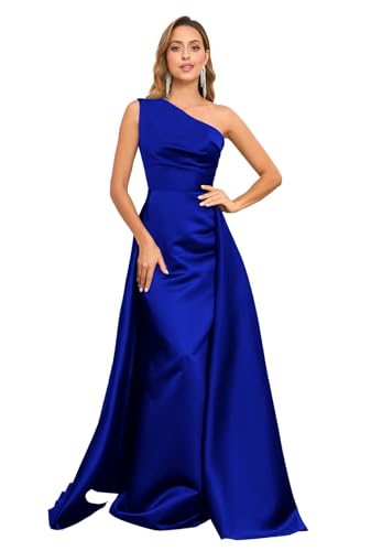 One Shoulder Satin Prom Dresses for Women 2025 A-Line Ruched Long Formal Dresses Evening Gown with Overskirt MRX08