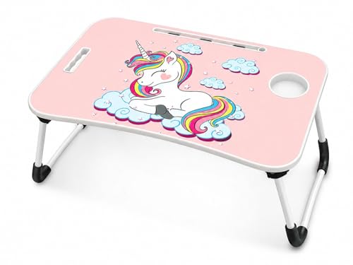 Image of Foldable Laptop Table for Bed with Cup Holder & Tablet Slot, Pink Unicorn Theme Portable Study Table for Kids & Adults, Multipurpose Breakfast Bed Desk for Work, Reading & Drawing