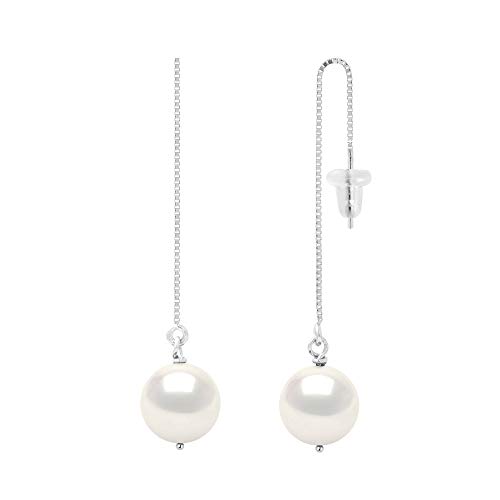 PEARLS & COLORS - Boucles d'Oreilles Pendantes Véritables Perles de Culture d'Eau Douce Rondes 9-10 mm- Qualité AAA+ - Argent 925 Millièmes - Système Poussette Confort - Bijou Femme