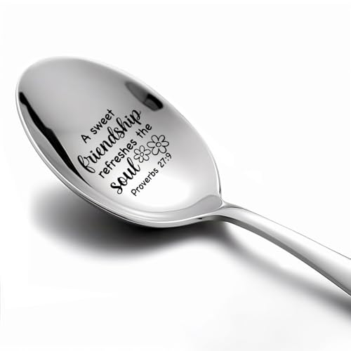 XQLZY A Sweet Friendship Refreshes The Soul Proverbs 27:9 Engraved Spoon, Summer Stainless Steel Cereal Ice Cream Coffee Spoons for Men Women, Friendship Spoon Gifts for Friend With Friendship Quotes