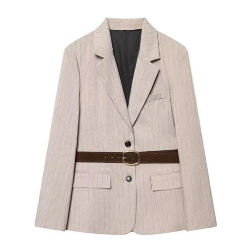Blazer rayé kaki pour femmes au col en V veston chic de bureau vintage
