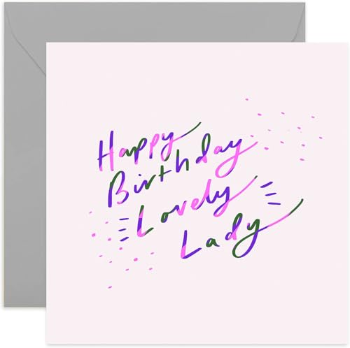 Old English Co. Lovely Lady Happy Birthday Card - Neon Purple Birthday Card for Women | Cute Fun Design for Her, Sister, Niece, Daughter, Friend | Blank Inside & Envelope Included