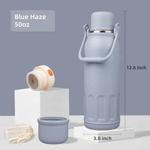 Image of Insulated Water Bottle with Handle and Strap,Vacuum Travel Tumbler with Cup Lid,Thermo Coffee Cup for Hot Cold Drinks 50 OZ,Blue Haze