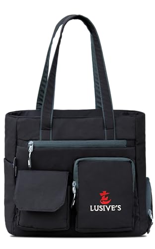 Image of Lusive's Double Pocket Handbag for Women: Stylish, Ideal Companion for Work, Travel, Polyester Material, Spacious 10-liter Capacity, 6 Pockets. (Black & Grey)