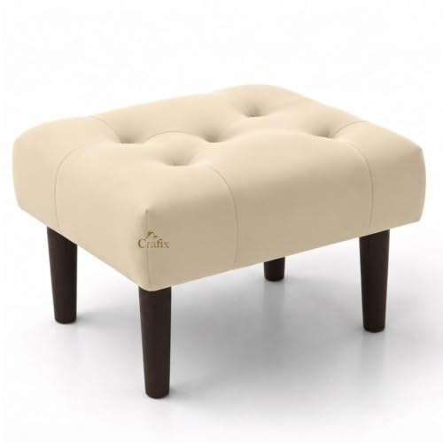 Image of Upholstered Foot Rest Ottoman Stool with Wooden Legs, Tufted Footstool for Living Room, Bedroom, Makeup Vanity, Entryway, Comfortable Footrest Bench, Modern Accent Ottoman (Creme)
