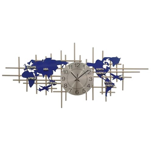 Horloge murale moderne avec carte du monde bleue en métal pour décorer sans bruit le salon