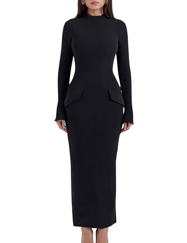 YMDUCH Women's Long Sleeve Mock Turtle Neck Bodycon Back Slit Club Party Long Pencil Dress