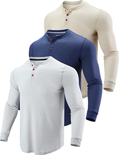 3 Pack Mens Waffle Henley Thermal Long Sleeve...