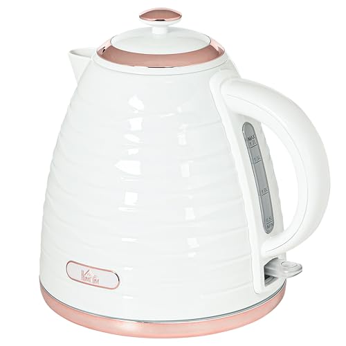 HOMCOM Electric Kettle 1.7L, Fast Boil, 3kW Cordless Water Kettle with Removable Washable Anti-scale Filter, UK Otter Thermostat, Auto Shut-off, 360° Swivel, BPA Free, Cream White Water Ripple Texture