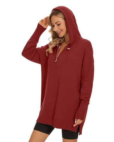 Image of Women's Hooded Sweater Loose Half Zip Drawstring Pullover Sweatshirt Top Casual Long Sleeve Side Slit Knit Hoodie