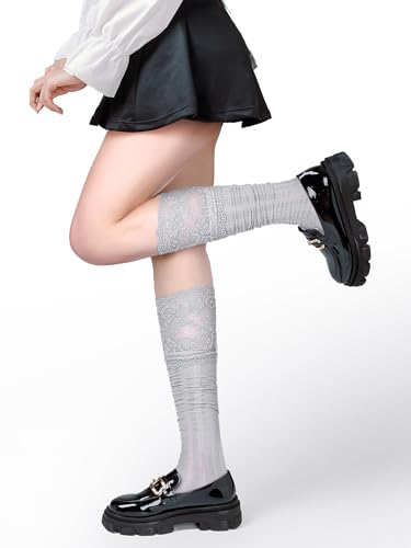 6 Pairs Women's Lace Socks Lace Thigh High Socks with Trim Lolita Stocking Long over Knee Stocking for Women, Black White, Gray2