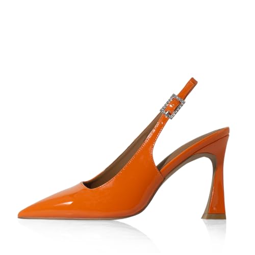 anteikira Women's Closed Toe High Spool Heel Buckle Slingback Pumps Patent Leather Stiletto Heels Fashion Wedding Party Evening Prom Heels for Women2