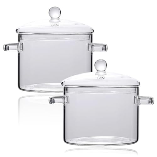 ERINGOGO 2pcs Saucepan with Lid, 1900ML Cooking Pot Clear Simmer Resistant Handles, Stovetop Soup Borosilicate Cookware, Dishwasher Safe 64oz 2pcs