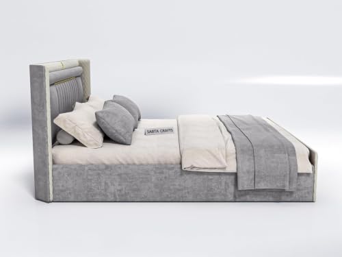Image of Modern Upholstered King Size Bed with Box Storage for Bedroom | Wooden Double Bed with Storage | Platform Cot Bed with Upholstery Premium Fabric | 6.5 x 6 Ft | Sheesham Wood, Battleship Gray