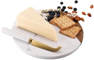 VUDECO White Marble and Acacia Wooden Cheese Board & Knife Set Marble Tray for Meats Breads Round Cutting Serving Board Cheese Cutter Slicer Stainless Steel Knife - 10