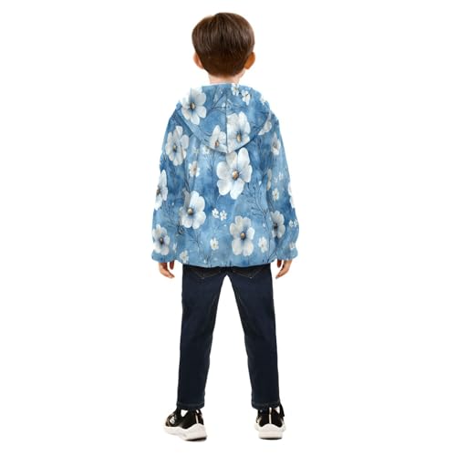 Blue Floral Pattern Print Toddler Fleece Jacket Girl Boys Hooded Fleece Jacket Coat Warm Outwear Zip-up 3-10T4