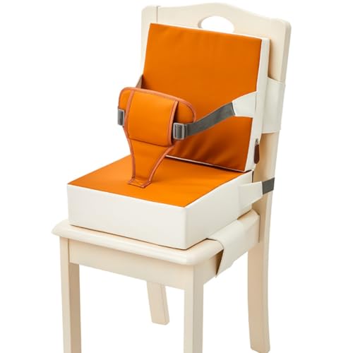 ベビー食事チェアクッション 背もたれ付き 高さ調節可能 滑り止め底 防水皮革カバー 取り外し洗える 学習/食事兼用 (ライトオレンジ色)