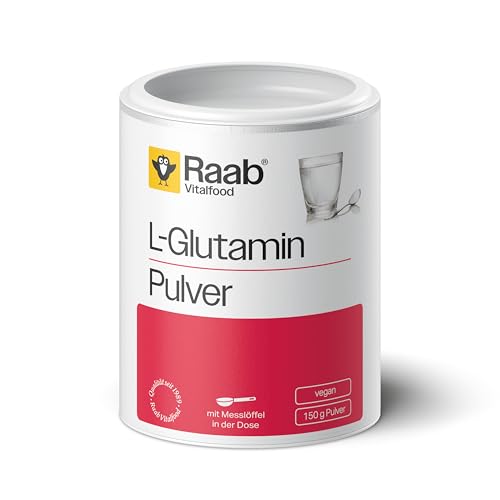 Raab Vitalfood® L-Glutamin Pulver (150 g) - ohne Zusätze, hochrein aus Fermentation, mit Meßlöffel für perfekte Dosierung, nur 9 g Glutamin Pulver pro Tag, Vegan
