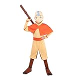 Avatar Aang Official Youth Deluxe Halloween Costume - Premium Quality Jumpsuit with Attached Cloak plus Belt, Mask, and Staff (M)
