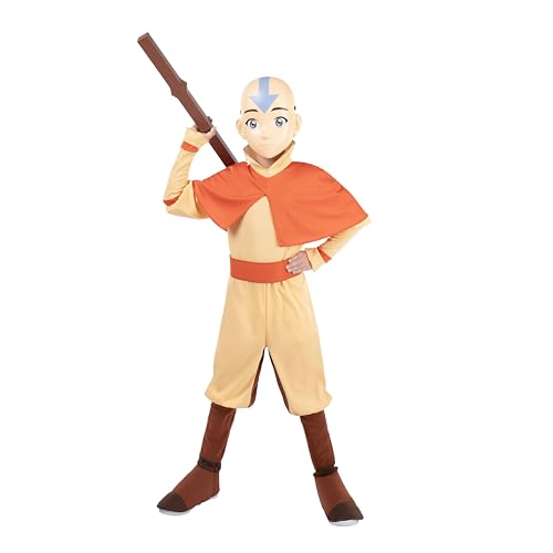 Avatar Aang Official Youth Deluxe Halloween Costume - Premium Quality Jumpsuit with Attached Cloak plus Belt, Mask, and Staff (XS)