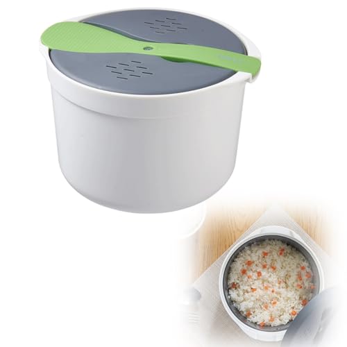 Microwave Rice Cooker 2L Plastic Food Grade Microwave Cookware Non Stick Rice and Pasta Cooker Includes Rice Scoop Lid Strainer and Steaming Pot for Vegetable Dishwasher (Orange) (Green)