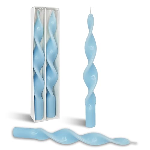 Image of Smokeless Blue Spiral Taper Candle Handmade Unscented Candlesticks 10 Inch Long Twisted Candles for Candlelight Dinner Holidays Home Decor 2 Pcs