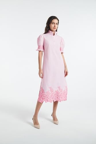 Image of Women's Summer Embroidered Midi Dress 2026 Button Down Short Sleeve Floral Shirt Dress