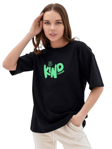 Image of LEOTUDE Women's Cotton Oversized Fit Short Sleeve with Round Neck, Oversized Longline Drop Shoulder, Back Printed T-Shirt