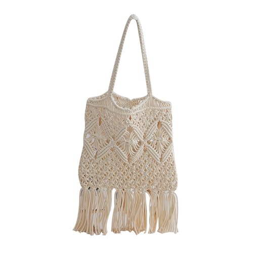 Handmade macrame shoulder bag with tassel fringe beige woven tote