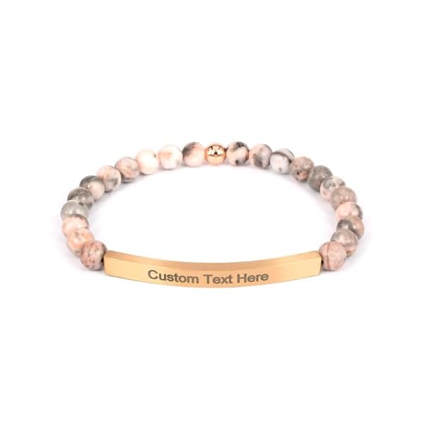 cusurlove Personalized Bracelets for Women Men Couple,18K Gold Plated Stainless Steel Bar Custom Engraved Name Message Quotes Natural Gemstone Beaded Stretch Bracelet