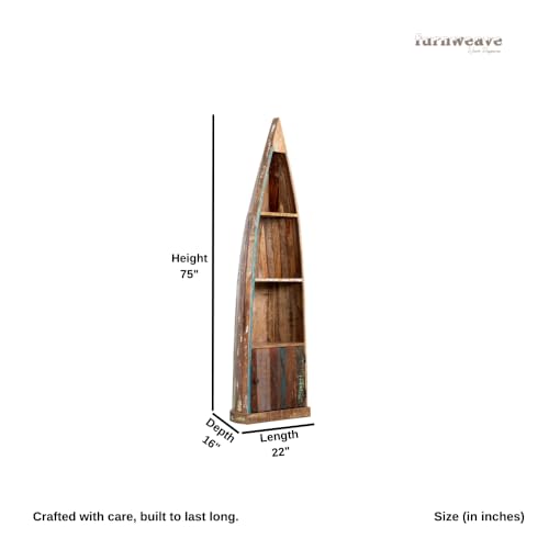 Image of Solid Wooden Book Shelf, Antique Boat Design Handcrafted Wooden Bookcase with Storage, Vintage Storage Shelf for Living Room, Office, Bedroom (Rustic-1)
